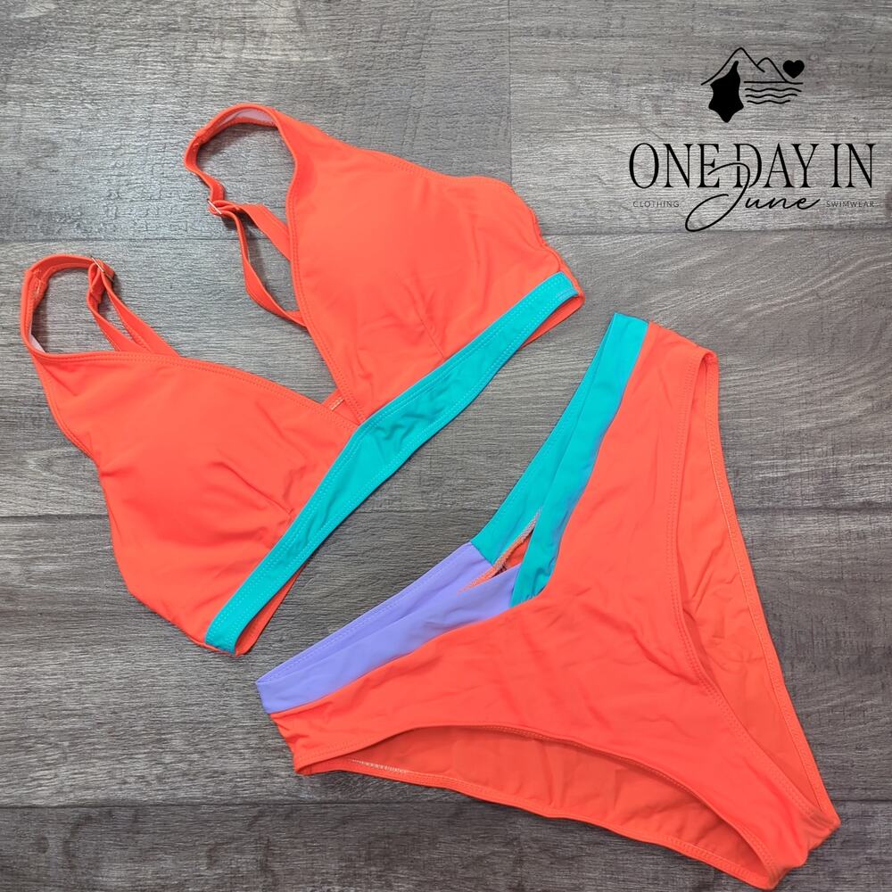 Aleumdr V Front High Cut Bikini Swimsuit Neon Coral Colorblock Size XL